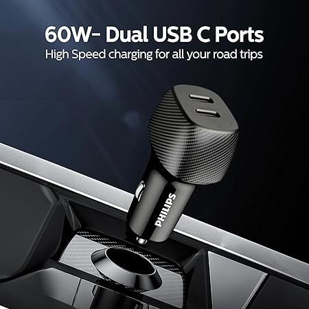 شاحن سيارة Philips 60W USB-C مزدوج 20V – بدون كابل