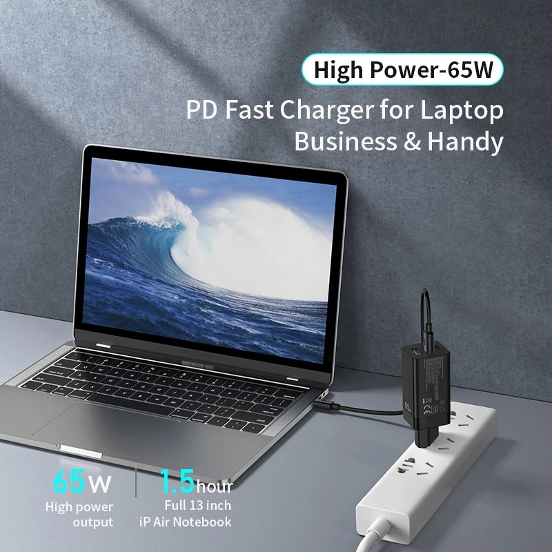 Awei 65W Dual Type-C / USB-C + USB GaN Fast Charging Travel Charger / EU Plug - Black