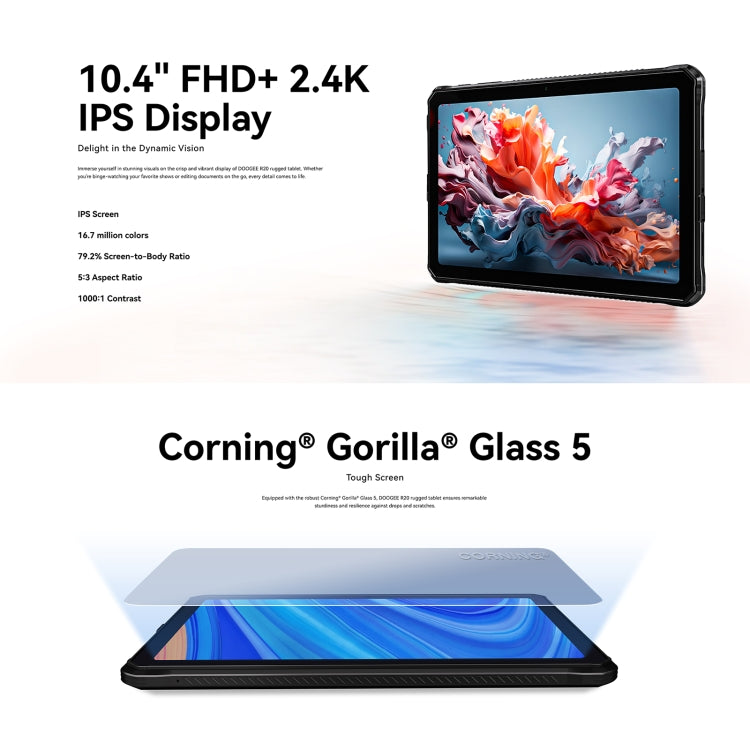 دووجي R20 جهاز لوحي متين بشاشة 10.4 بوصة وشاشة 2.4K ونظام تشغيل اندرويد 13 وبطارية 21600 مللي أمبير في الساعة وسعة 256 جيجابايت/8 جيجابايت