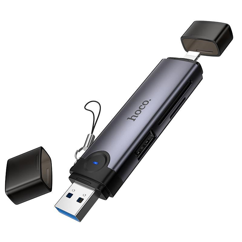 HOCO HB56A Victory 3-in-1 Card Reader – USB-A & Lightning (8 Pin) to SD, TF, USB2.0 – Metal Grey