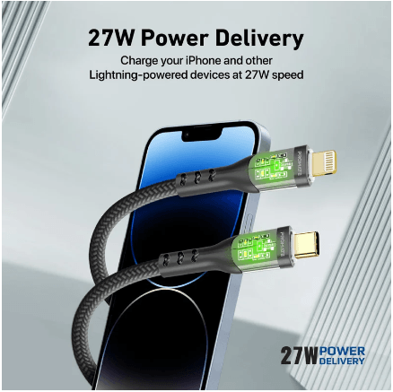 كابل برومات 27 وات للشحن السريع من يو إس بي سي إلى لايتينج - أسود & أبيض