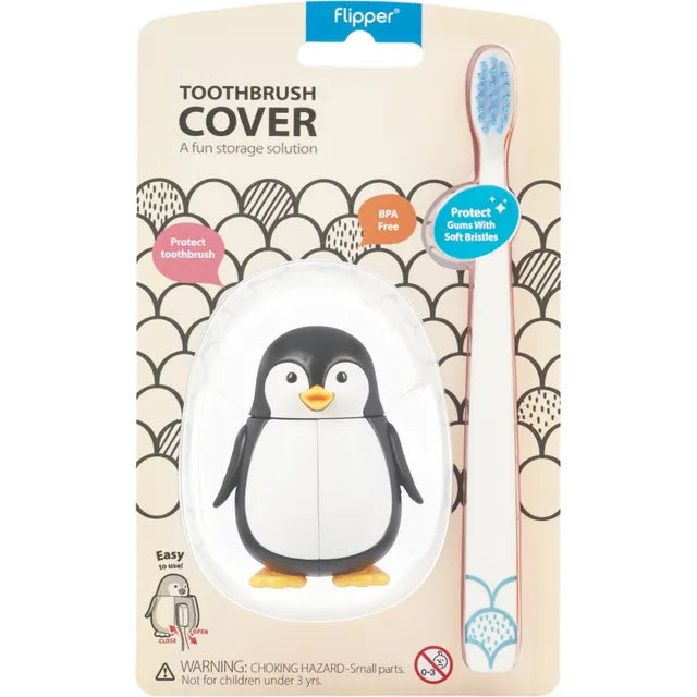 Flipper Fun Animal Toothbrush with Holder for Kids - Penguin (Self-Opening Cover)