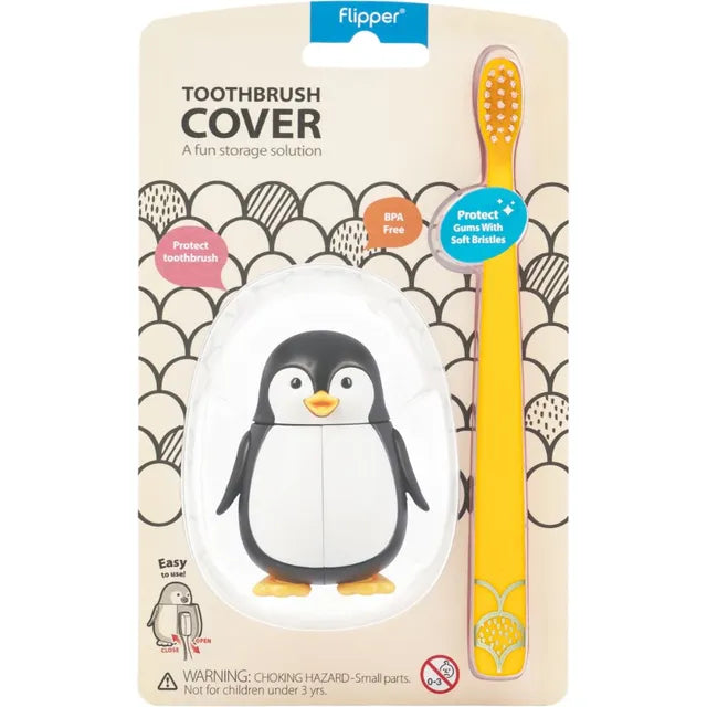Flipper Fun Animal Toothbrush with Holder for Kids - Penguin (Self-Opening Cover)
