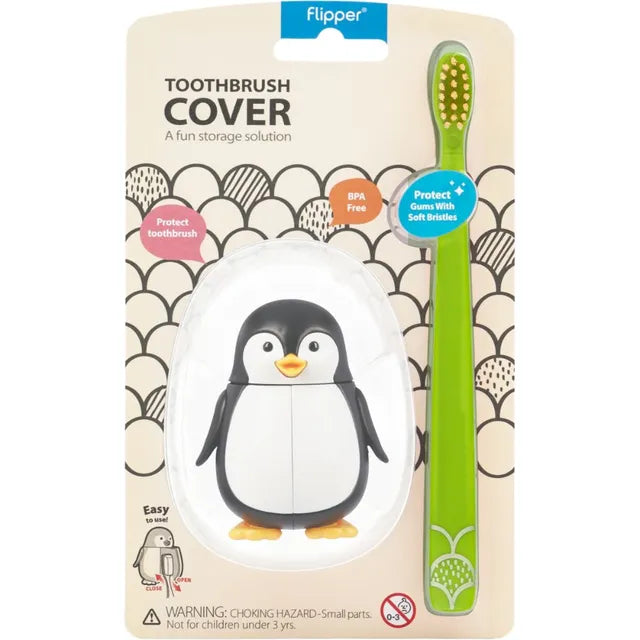 Flipper Fun Animal Toothbrush with Holder for Kids - Penguin (Self-Opening Cover)