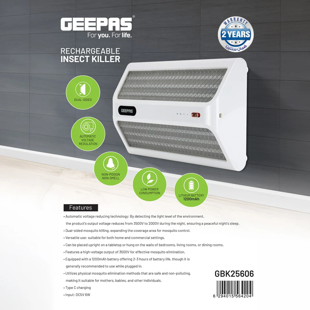 Geepas Rechargeable Mosquito Killer, Dual Sided, White, GBK25606