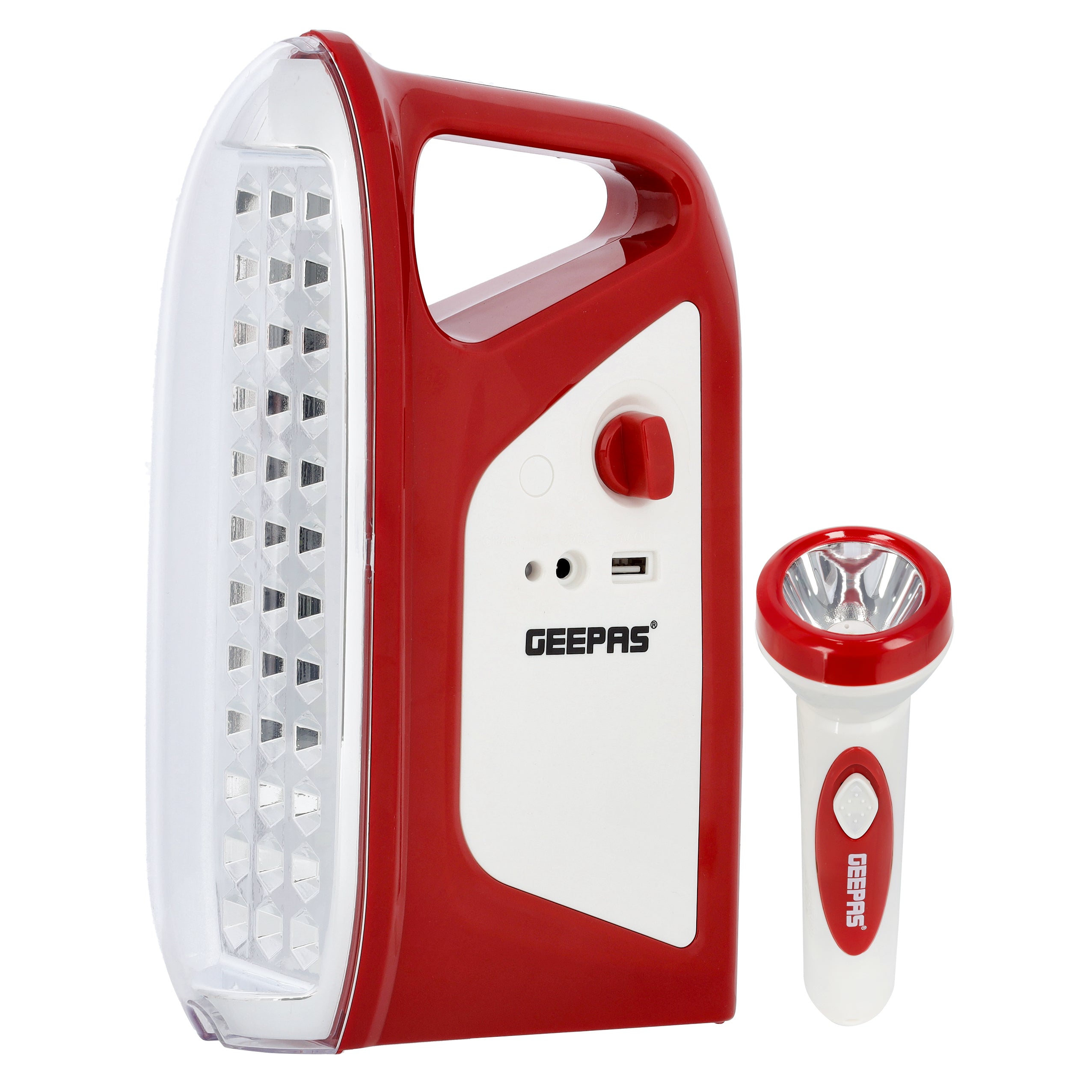 Geepas GEFL4664N 2-in-1 Rechargeable Lantern & Torch – 36 SMD LED, 3W Hi-Power, Solar & USB Charging