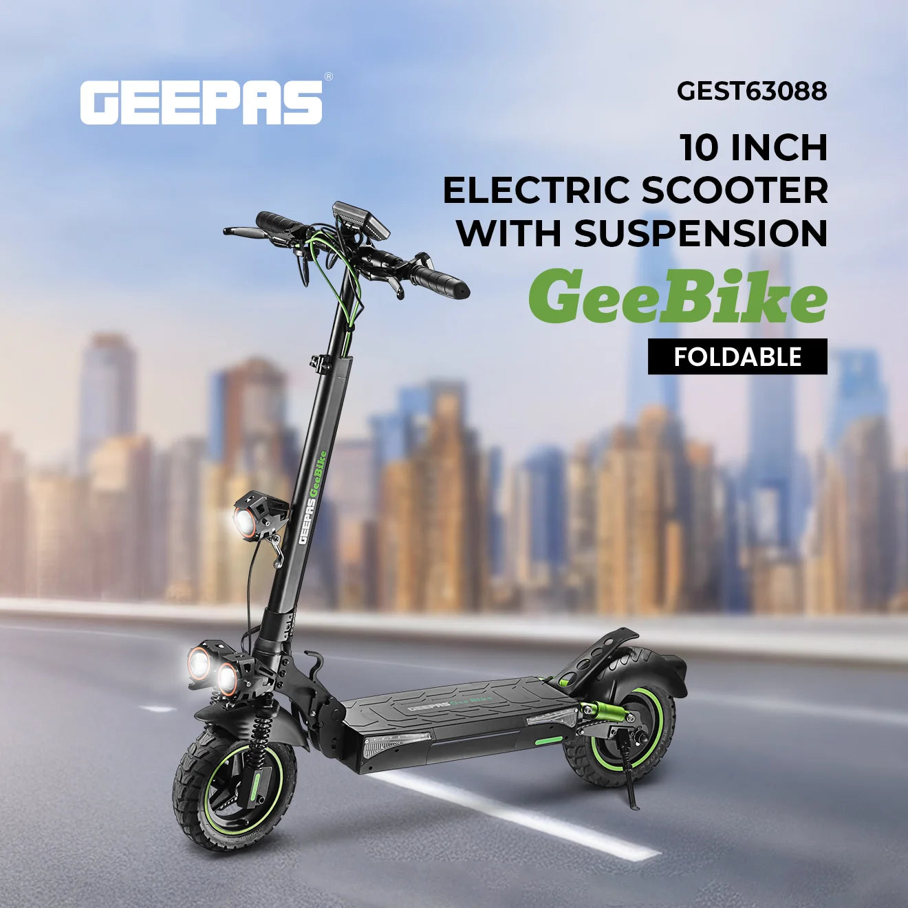 Geepas GeeBike 10" Foldable Electric Scooter, 45km/h, Black GEST63088