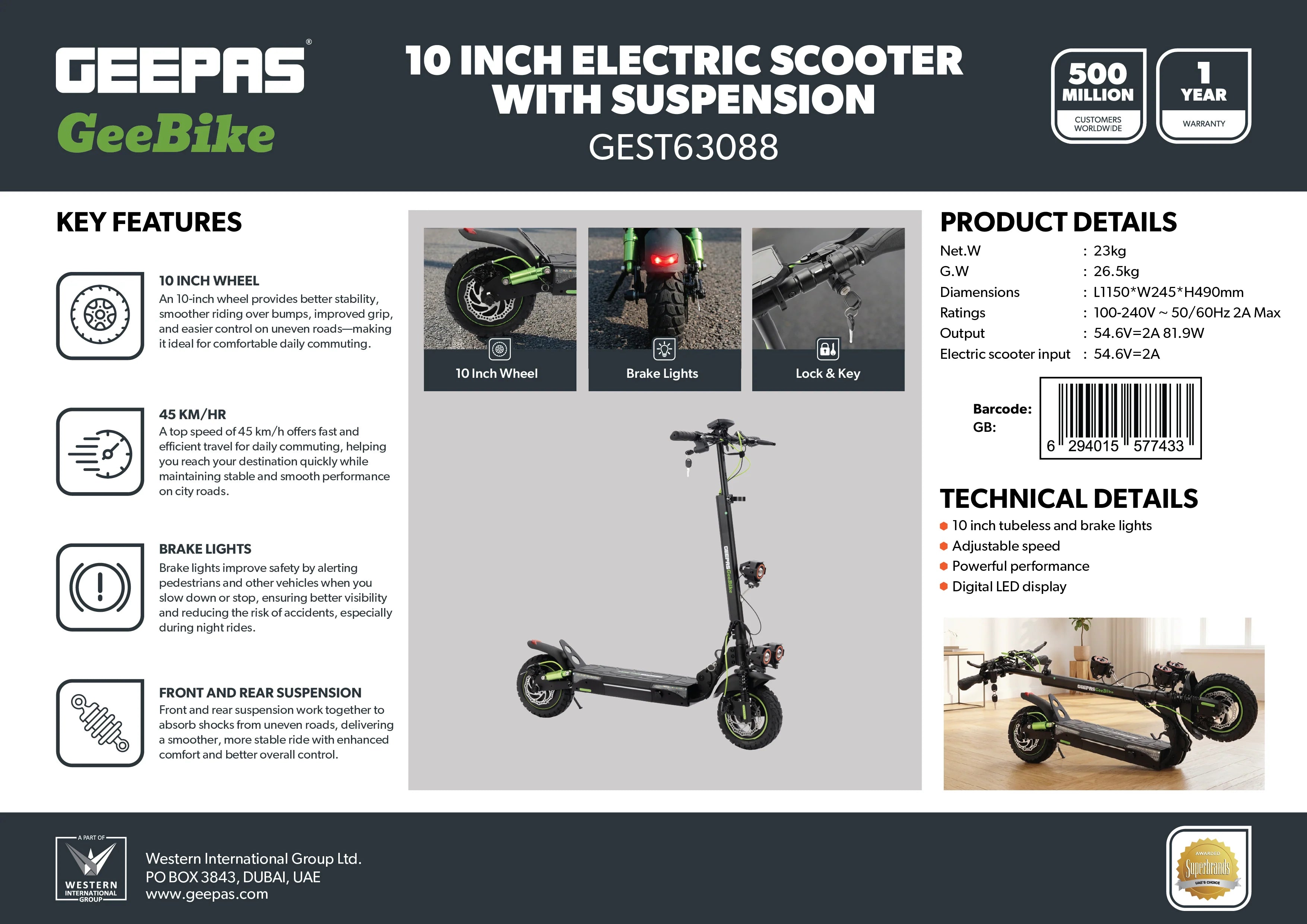 Geepas GeeBike 10" Foldable Electric Scooter, 45km/h, Black GEST63088