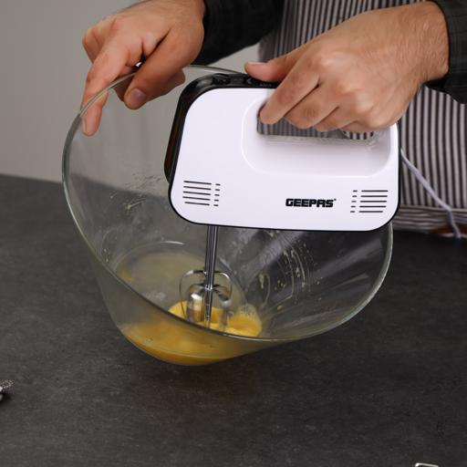 Geepas 150W Hand Mixer, 3 Speeds, Overheat Protection, Black/White GHM43030