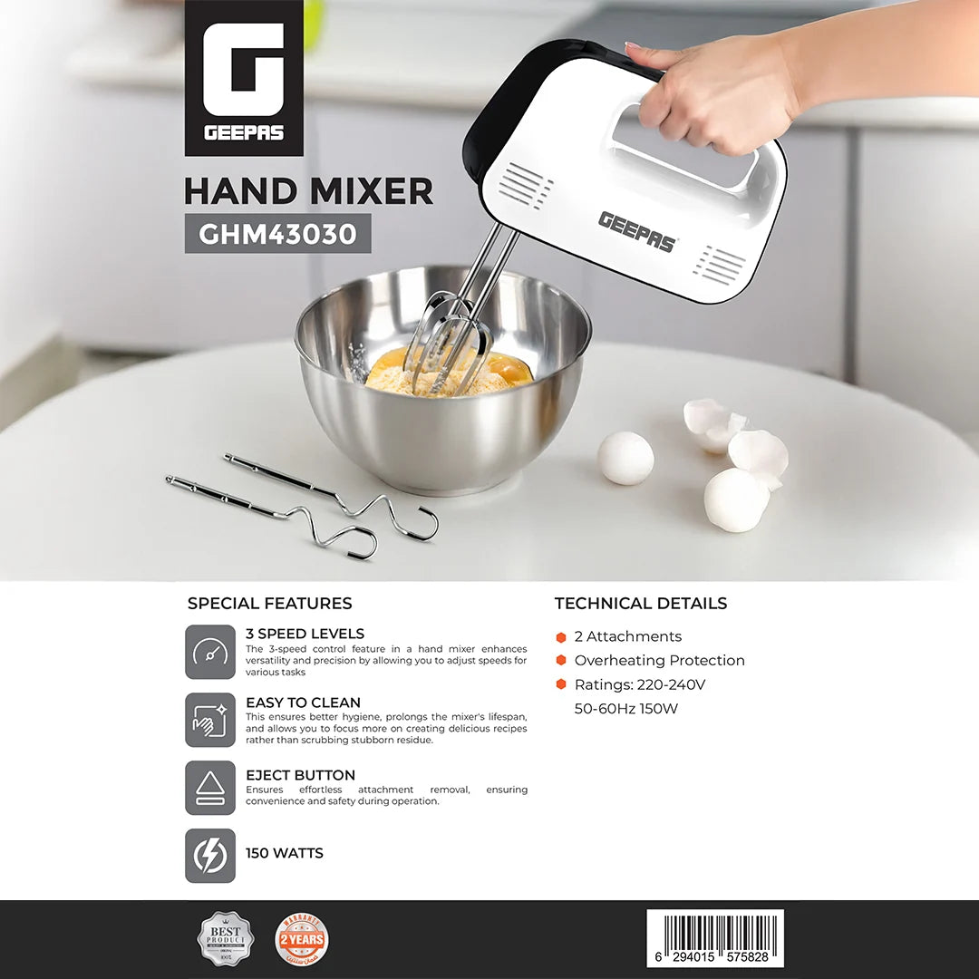 Geepas 150W Hand Mixer, 3 Speeds, Overheat Protection, Black/White GHM43030
