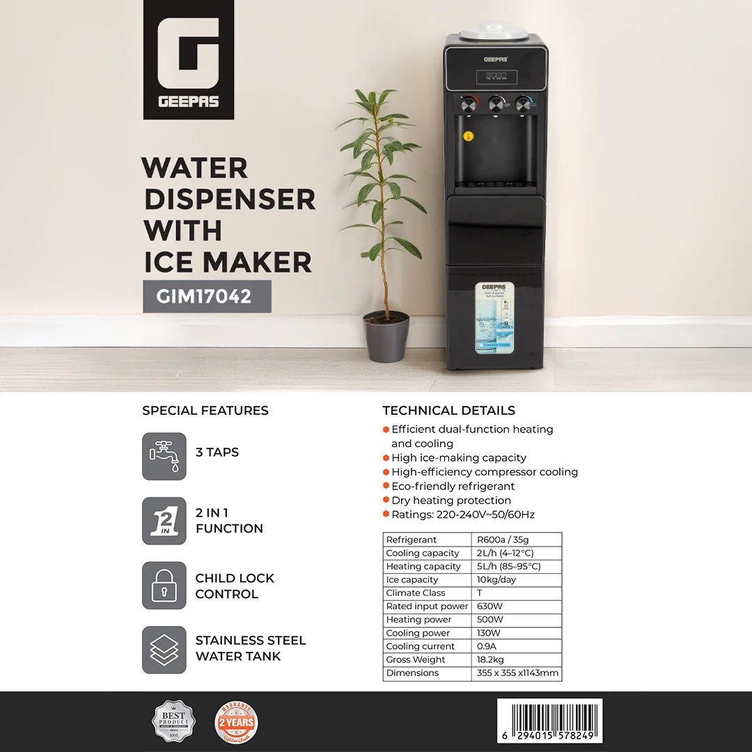 Geepas Hot/Cold/Normal Water Dispenser with Ice Maker, 10kg/24h, Black GIM17042