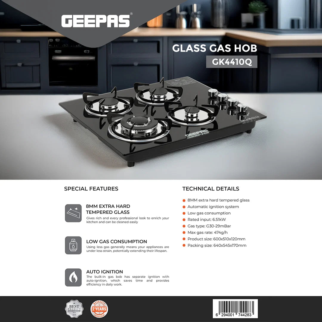 Geepas 4-Burner Tempered Glass Gas Hob, 6.51kW, Auto Ignition, Black GK4410