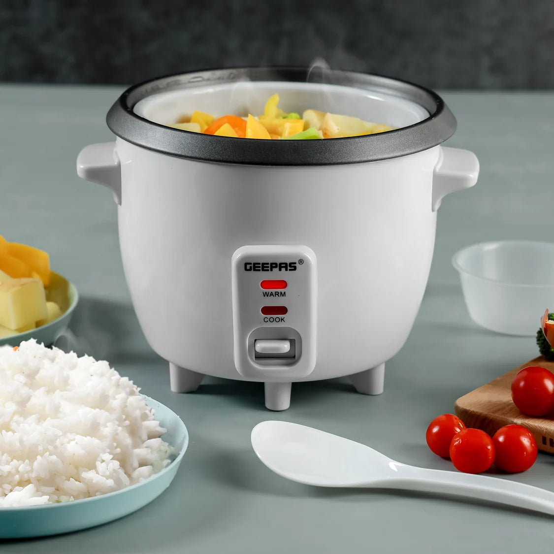 Geepas 300W 0.6L Multifunctional Rice Cooker with Steamer, White GRC1828