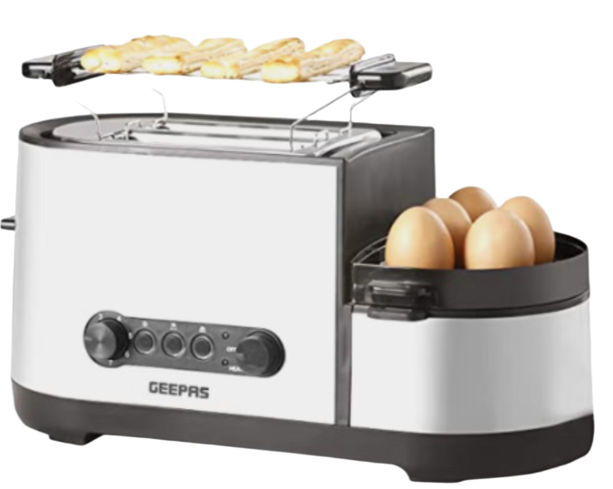 Geepas 5-in-1 Toaster with Egg Boiler & Poachers Stainless Steel