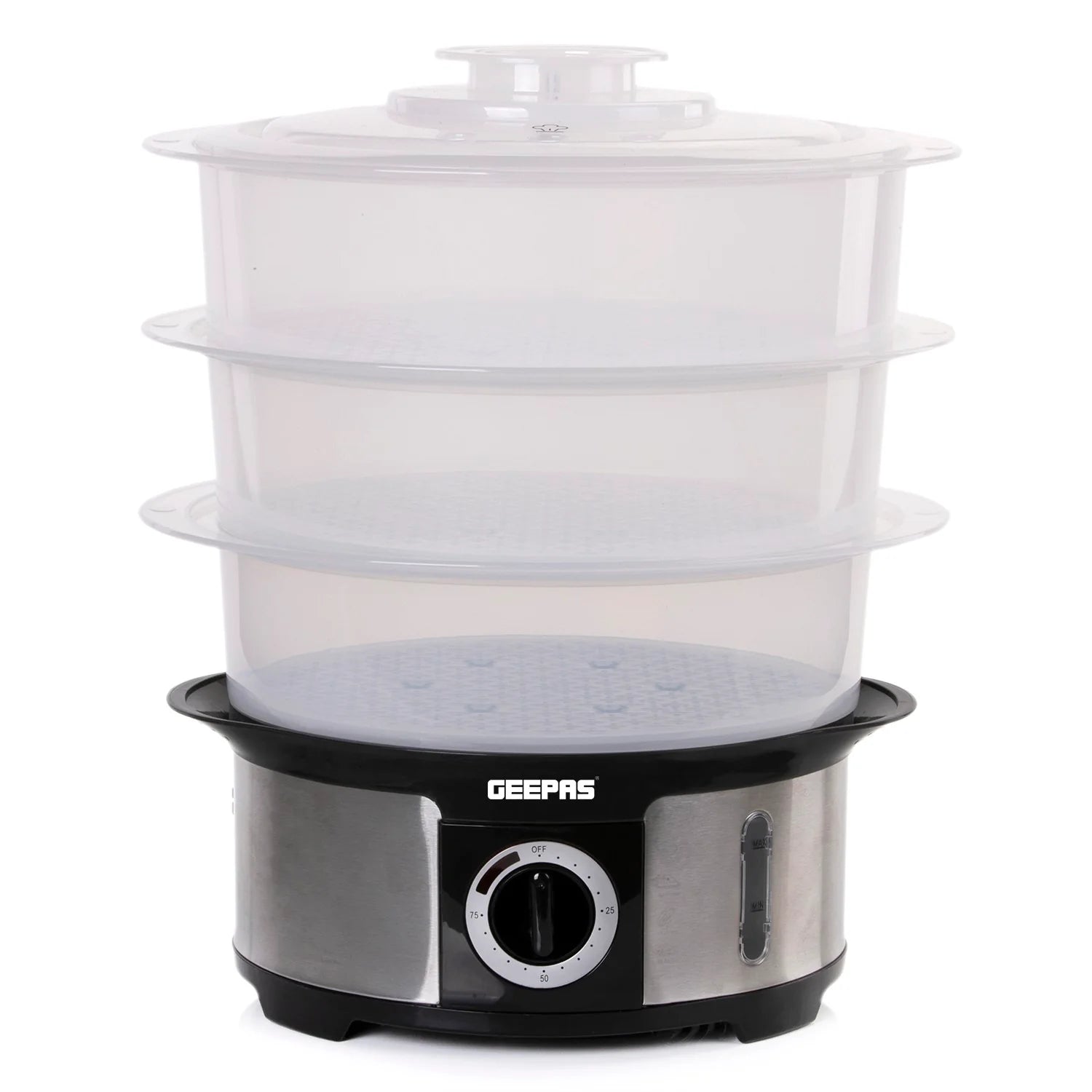 Geepas Food Steamer 12L Capacity 3 Transparent Tiers 1000W