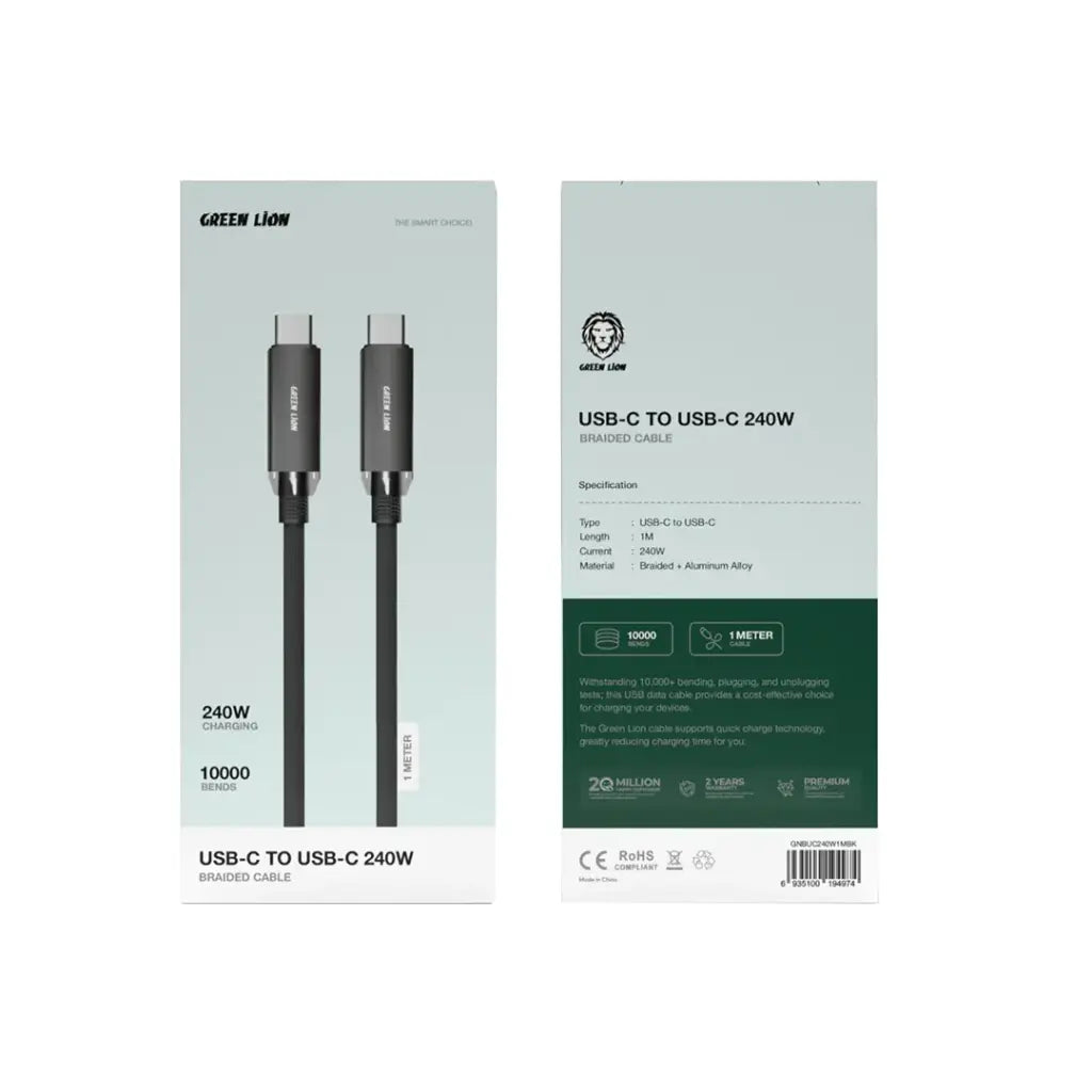 Green Lion Braided Type-C to Type-C Cable 240W 1M – Black