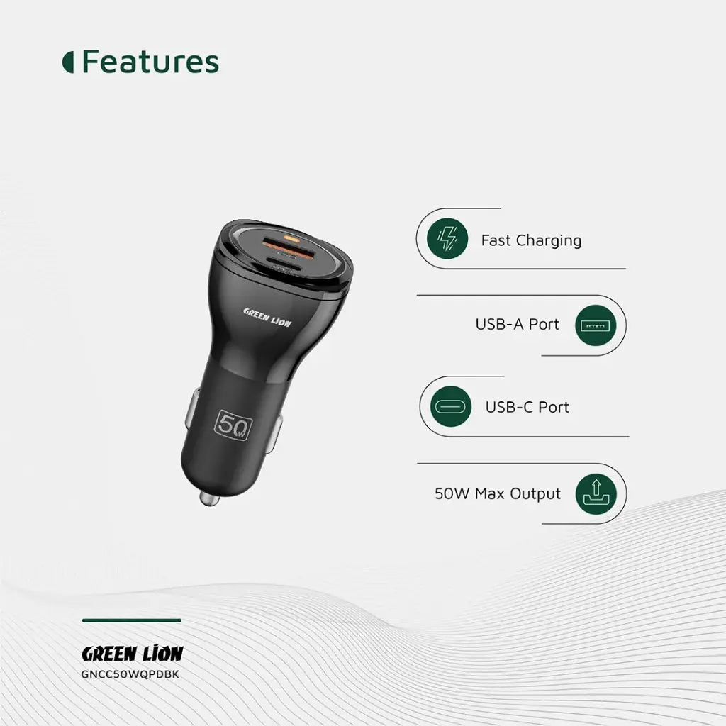 Green Lion 50W Dual Car Charger | USB-C & USB-A Fast Ports