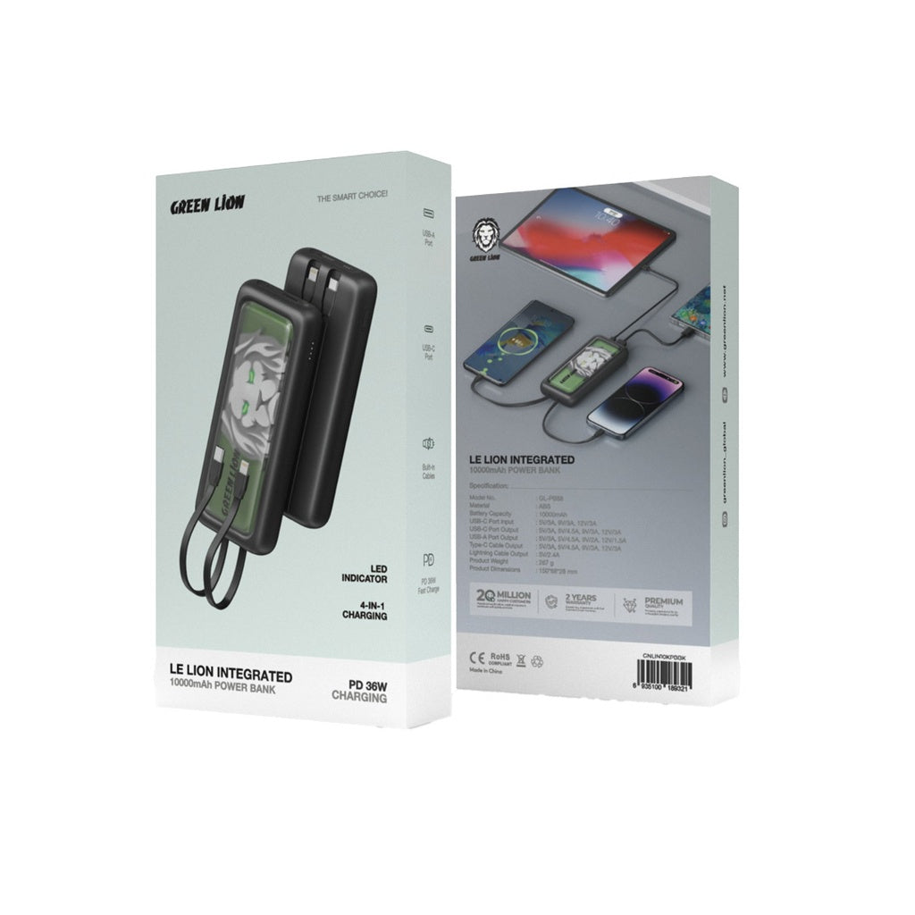 Green Lion Le Lion 10000mAh Power Bank Built-in Cables & Fast Charging