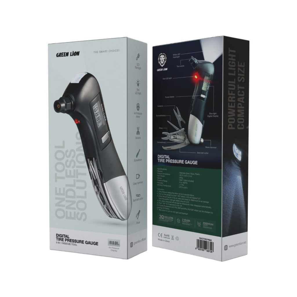 Green Lion 9-in-1 Digital Tire Pressure Gauge Rescue Tool – Black