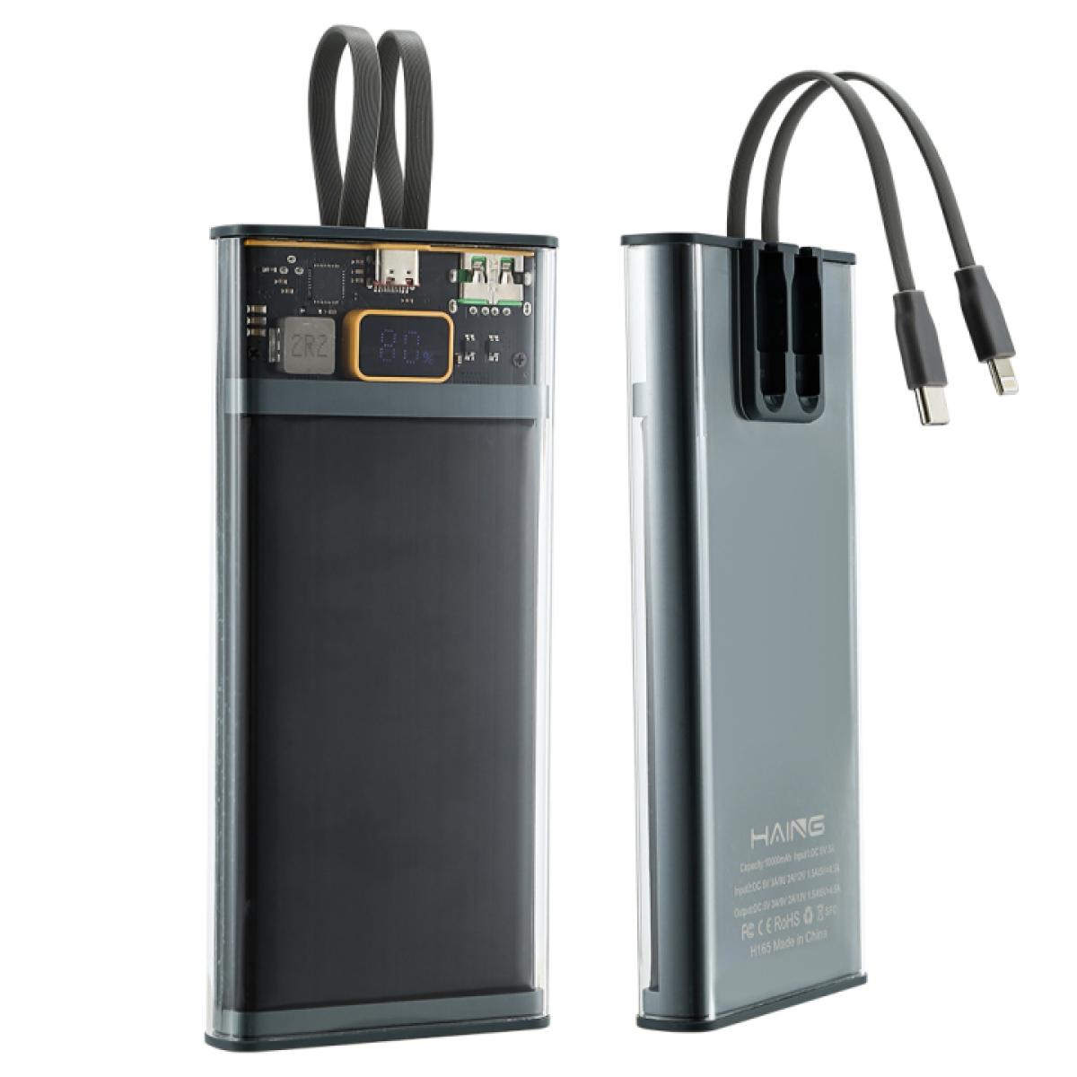 HAING H165 10000mAh Portable Power Bank with Built-In Lightning and USB-C Cables, LED Battery Display