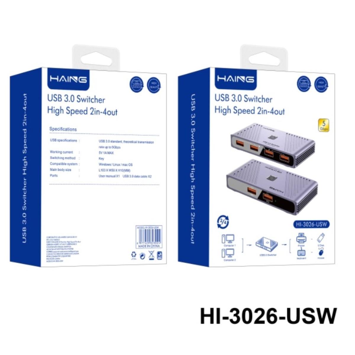 HAING HI-3026-USW 2-In 4-Out USB 3.0 High Speed Switch - 2 PCs Share 4 Devices