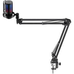 HAVIT Gamenote GK50 PRO Black Edition – 192kHz/24bit USB-C RGB Condenser Microphone with Desk Stand