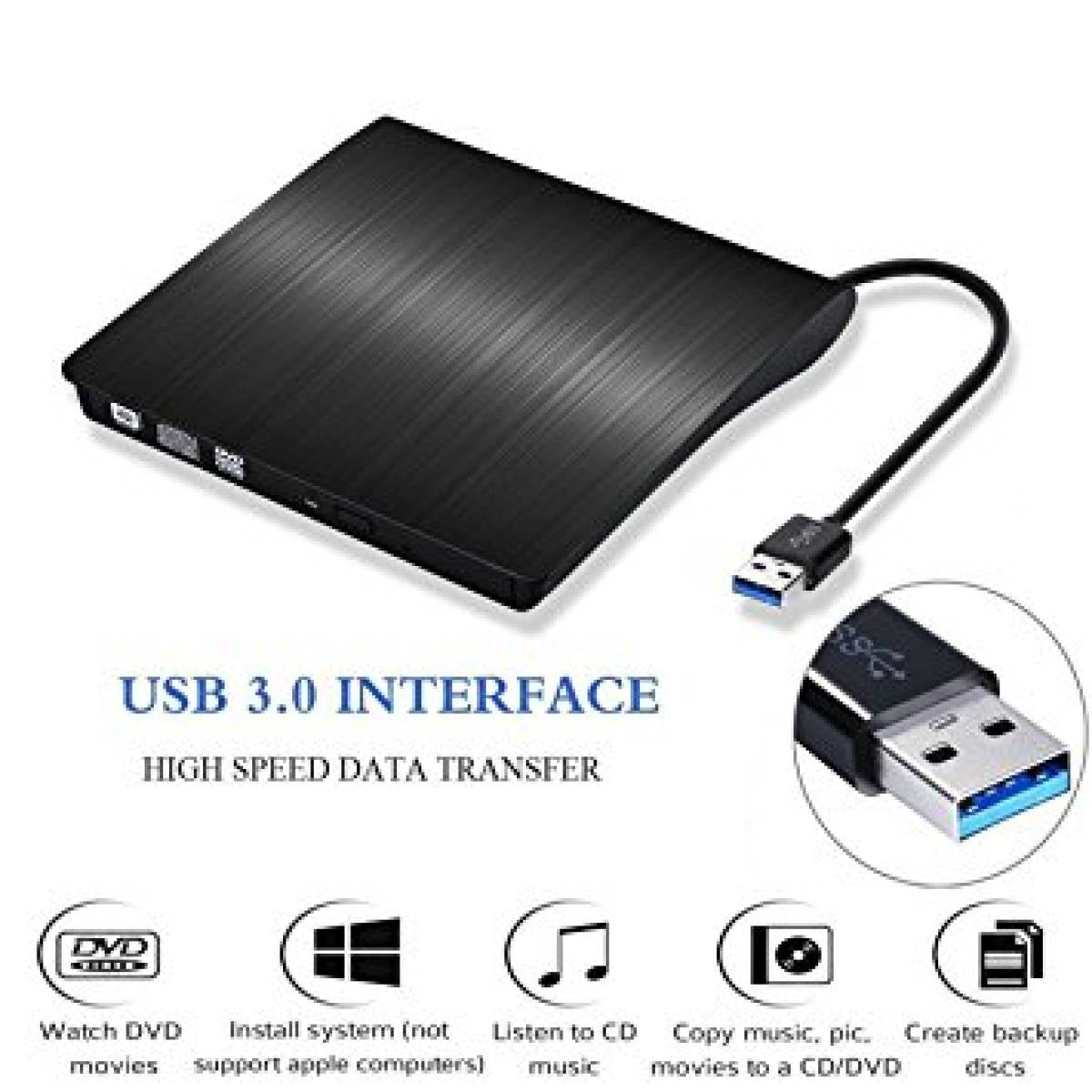 External USB 3.0 Portable DVD-RW & CD-RW Writer – Ultra Slim External CD/DVD Drive for Laptop & Desktop