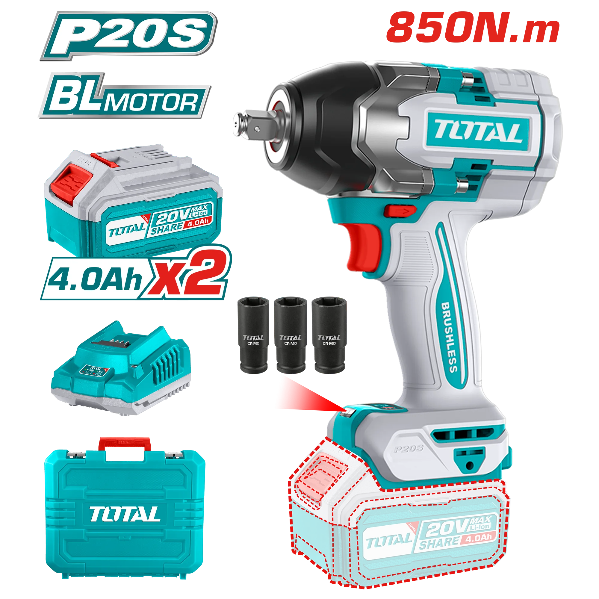 TOTAL 20V Impact Wrench 850Nm + LED Light – 2×4Ah Battery