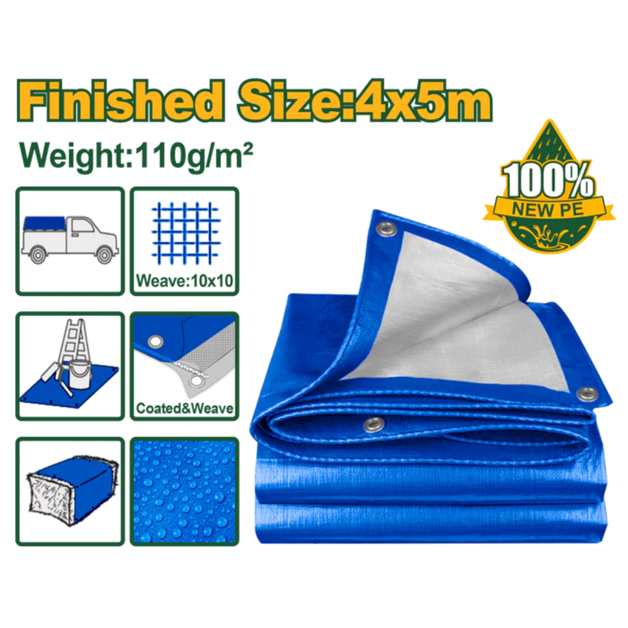 JADEVER Blue Tarp with Eyelets 5x4m Durable & Lightweight - Blue