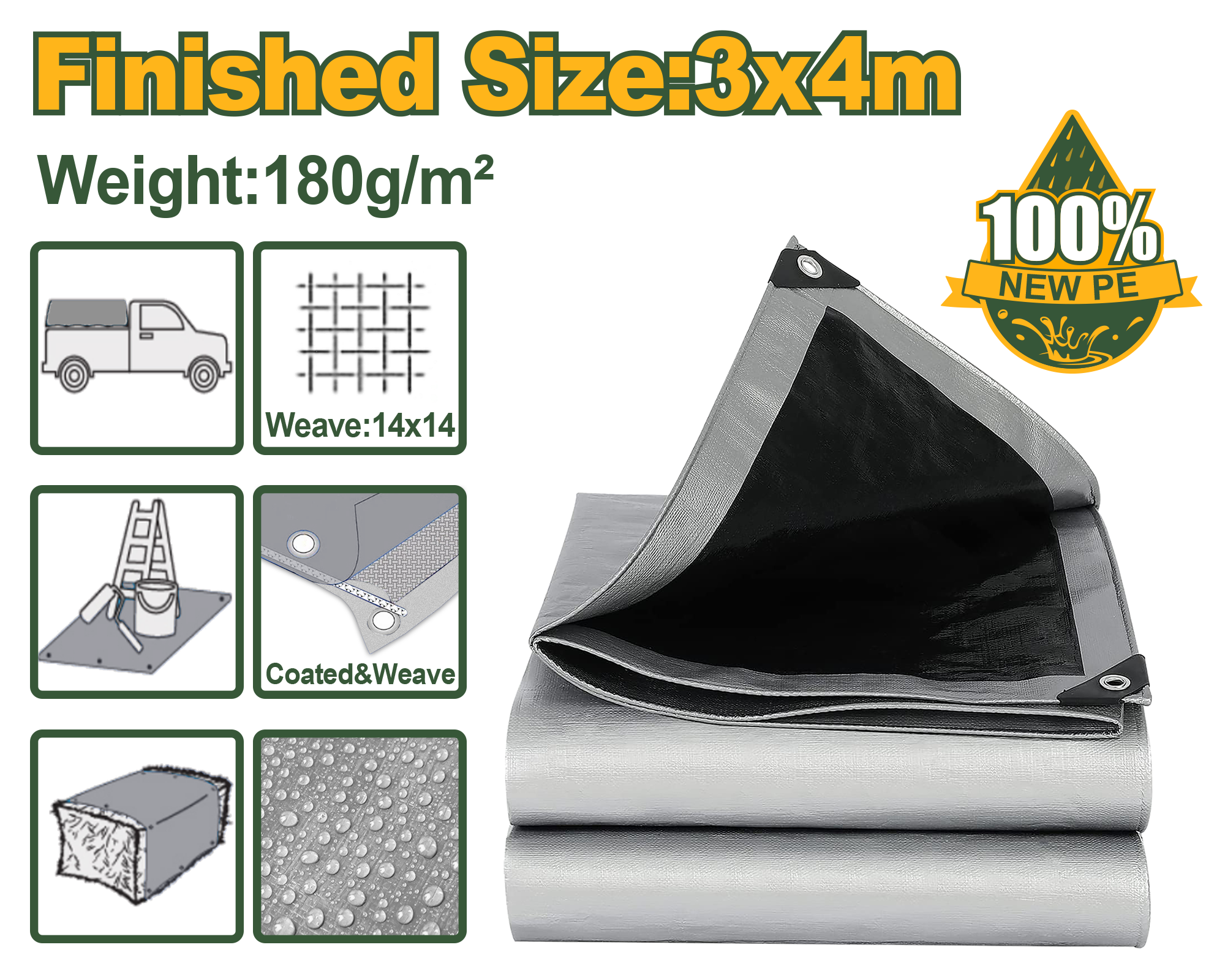 JADEVER Heavy Duty Grey Tarp 4×3m Durable & Weatherproof