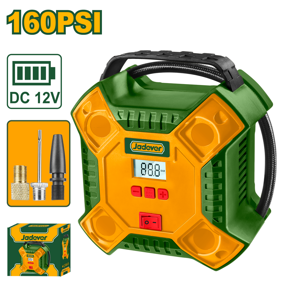 JADEVER 12V Auto Air Compressor – Portable Tire Inflator 160 PSI with LED Light (JDAAC511)