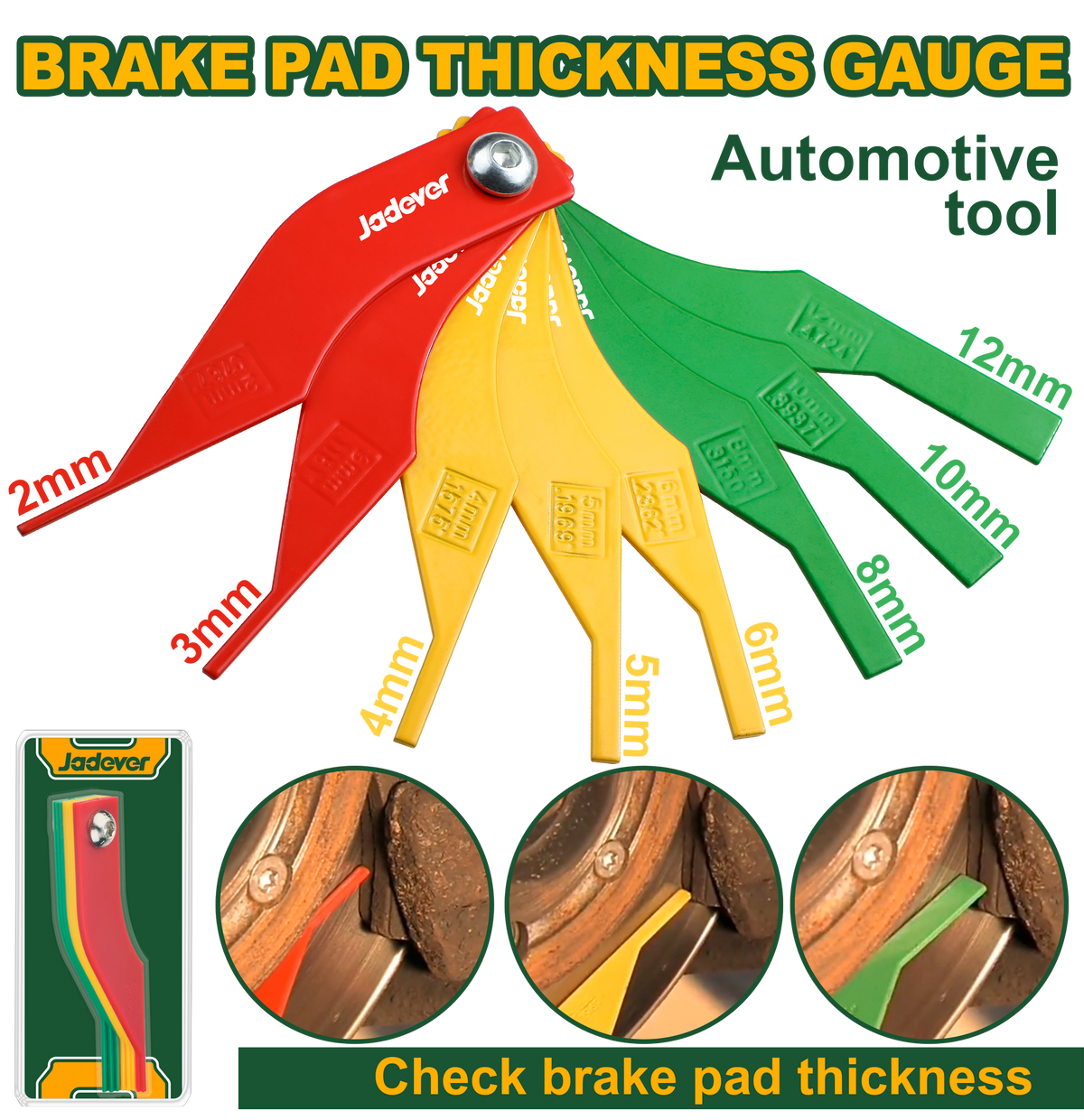 JADEVER Brake Pad Thickness Gauge – Color-Coded, Carbon Steel, Quick Brake Inspection Tool (JDART1408)