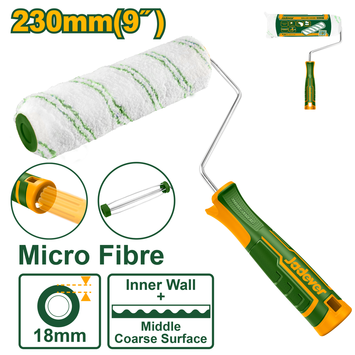 JADEVER Outer Wall Cylinder Brush – 230mm (9"), Microfibre, 18mm Pile Height, Roller Cover & Assistant Shanks (JDCB8918)