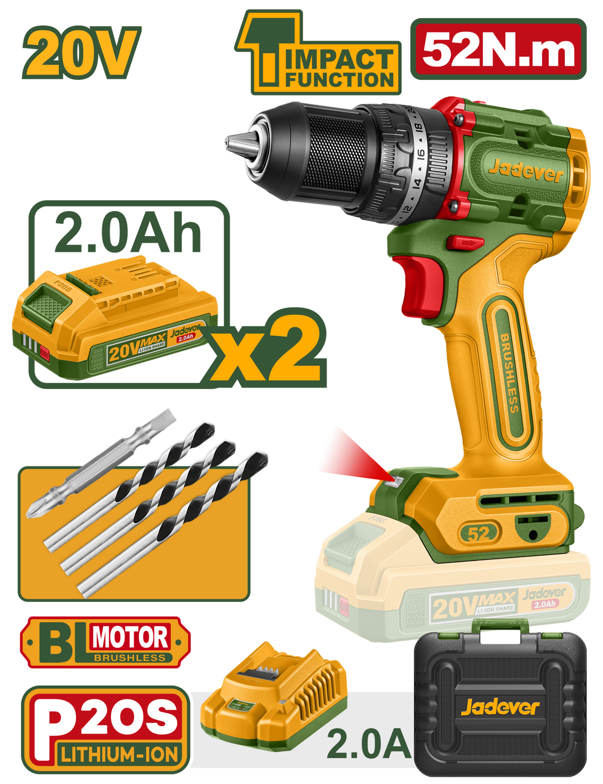 JADEVER Compact Brushless Cordless Impact Drill 52Nm – With 2 Batteries & Carrying Case (JDCDP5281)