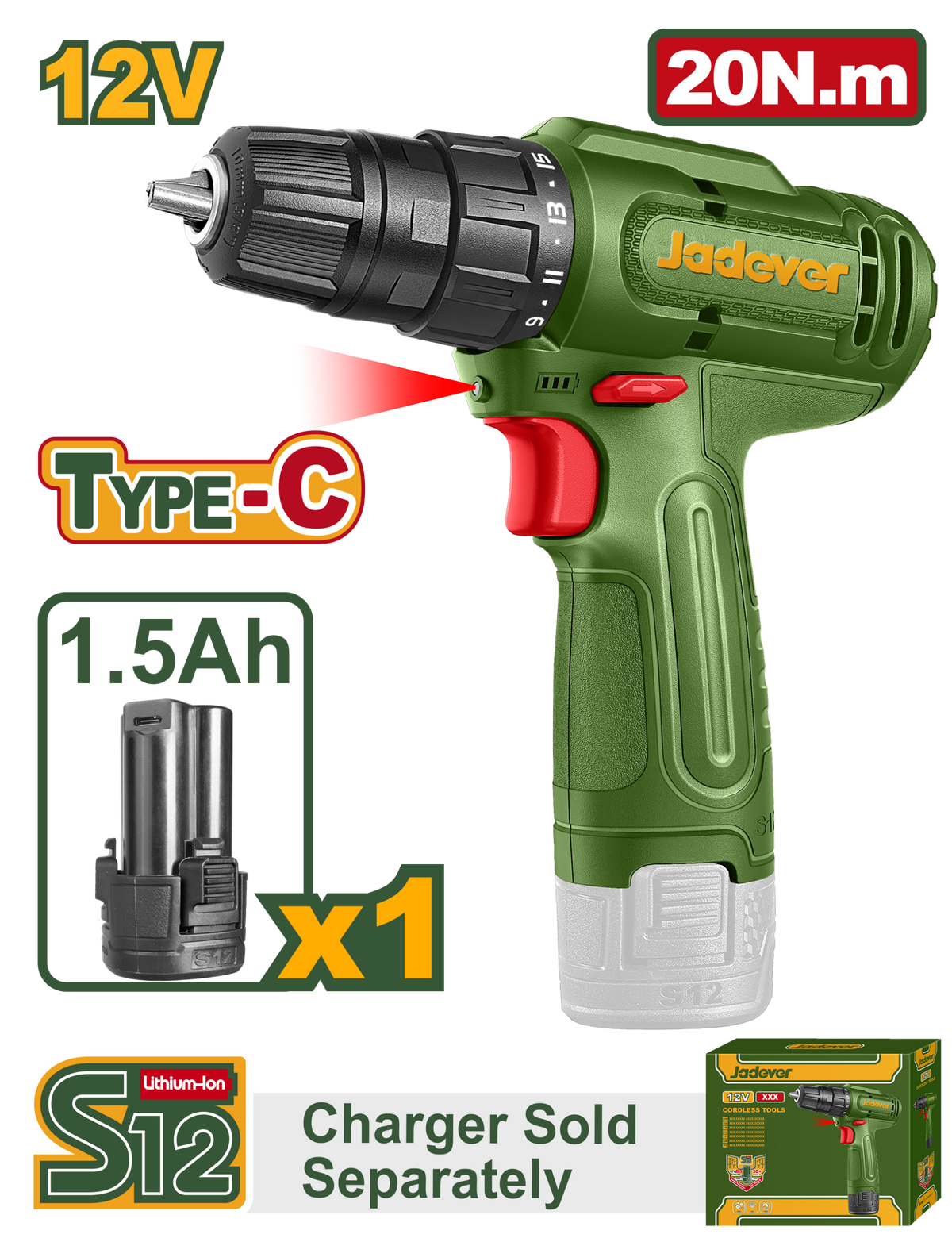JADEVER ـJADEVER 12V Cordless Drill – 20Nm Compact Rechargeable Drill Driver (JDCDS518)