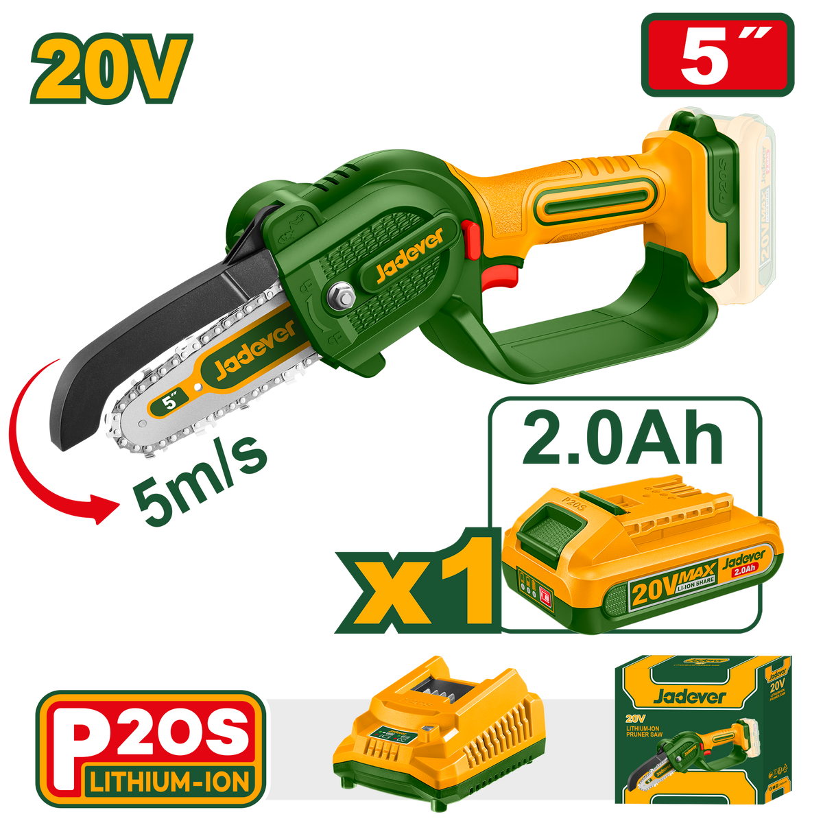 JADEVER Cordless Pruner Saw 20V with 5" Bar (JDCLP556)