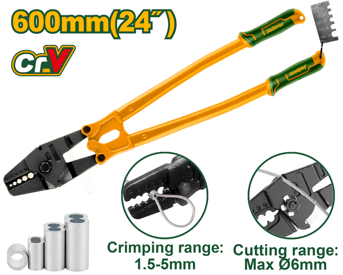 JADEVER Wire Rope Crimping Pliers 24" – CR-V Steel, Crimping Range 1.5–3.5mm, Cutting Range Ø6mm (JDCP4024)