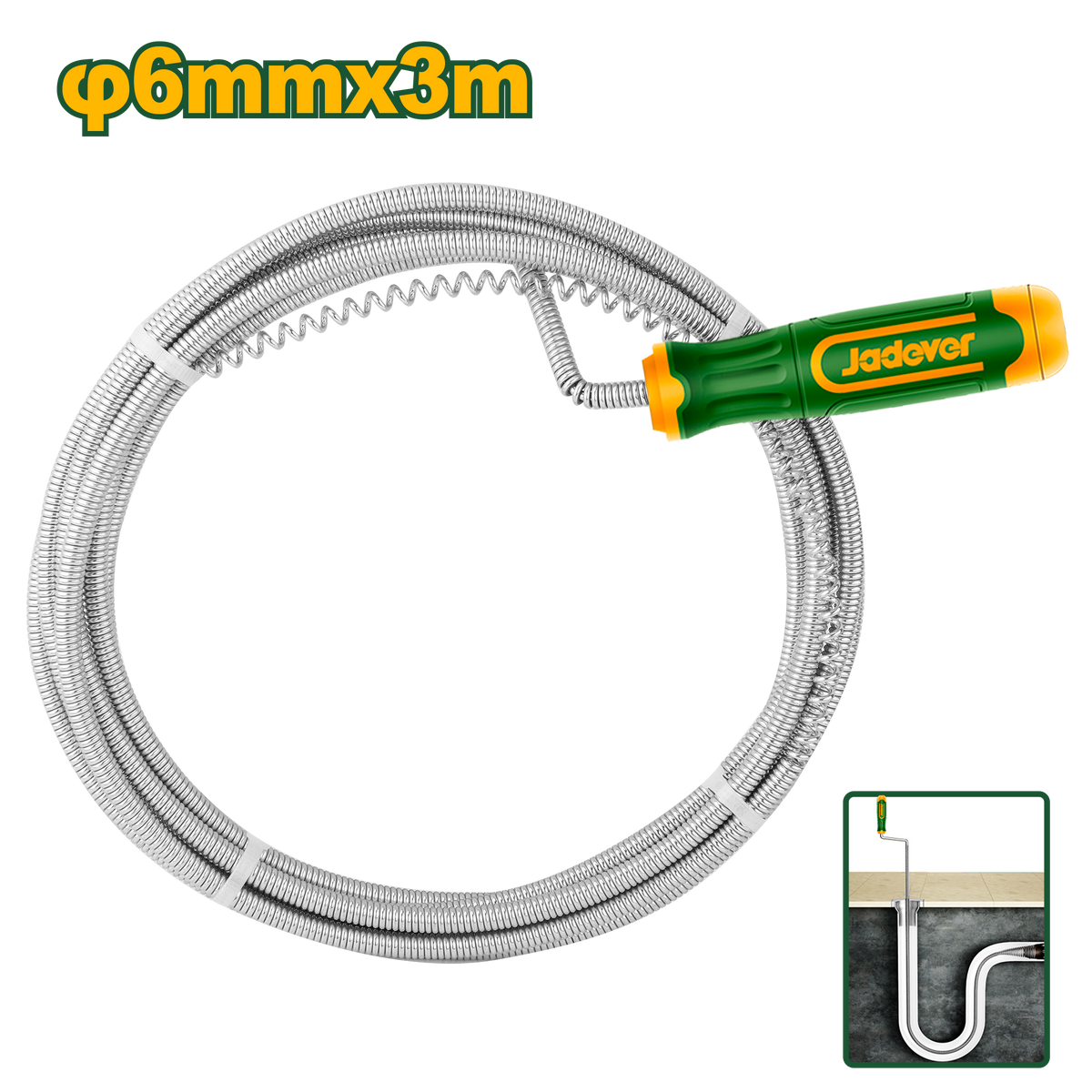 JADEVER Drain Auger 6mm x 3m – Flexible Spring Steel with Handle & S-Hook for Sink Cleaning (JDDD2303)