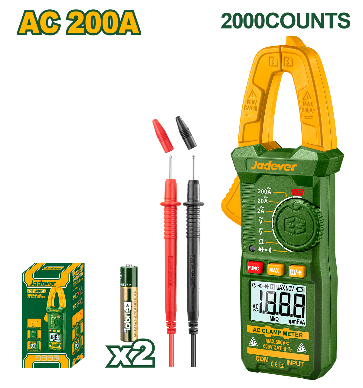 JADEVER Digital AC Clamp Meter – True RMS, 200A Max, Auto Power Off, with Batteries (JDDM6501)