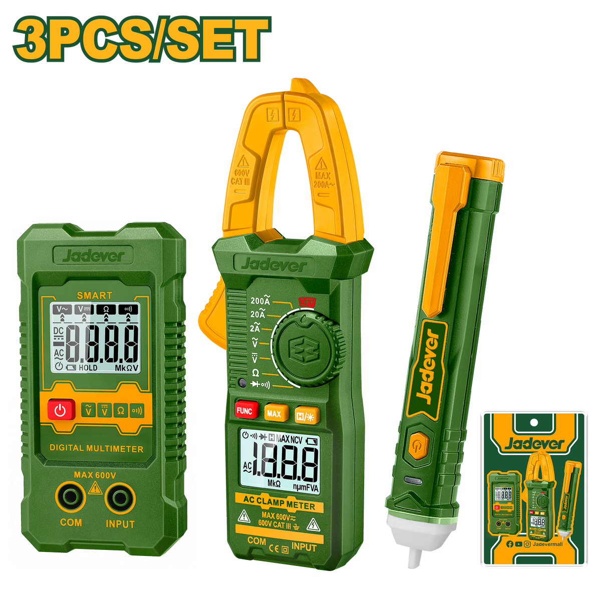 JADEVER Electrical Test Kit – 3PCs Set with Clamp Meter, Multimeter & AC Voltage Detector (JDDM94011)