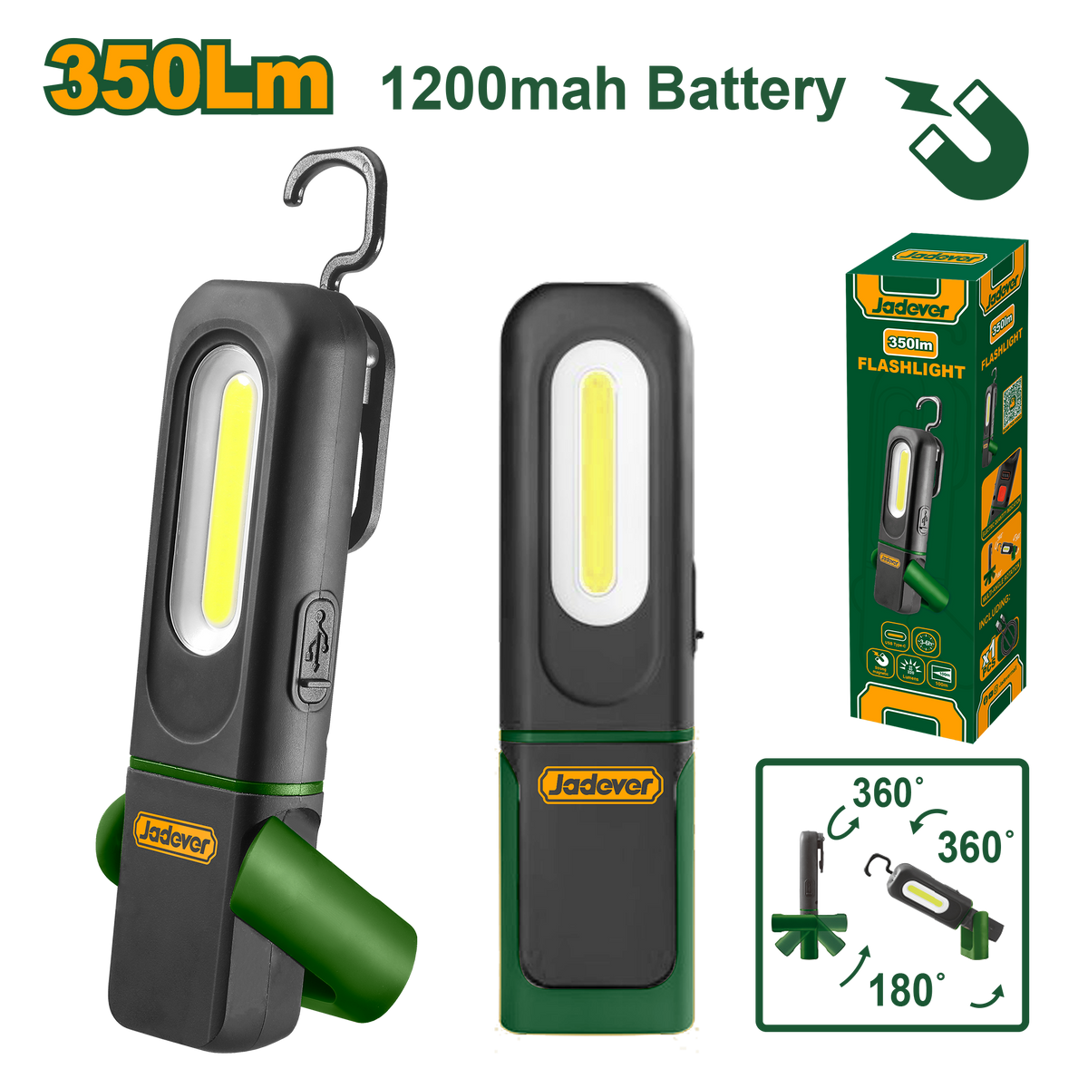 JADEVER Flashlight – 350 Lumens High Mode, 1200mAh Battery, Up to 6.5H Runtime, IP62 Rating (JDFL7508)