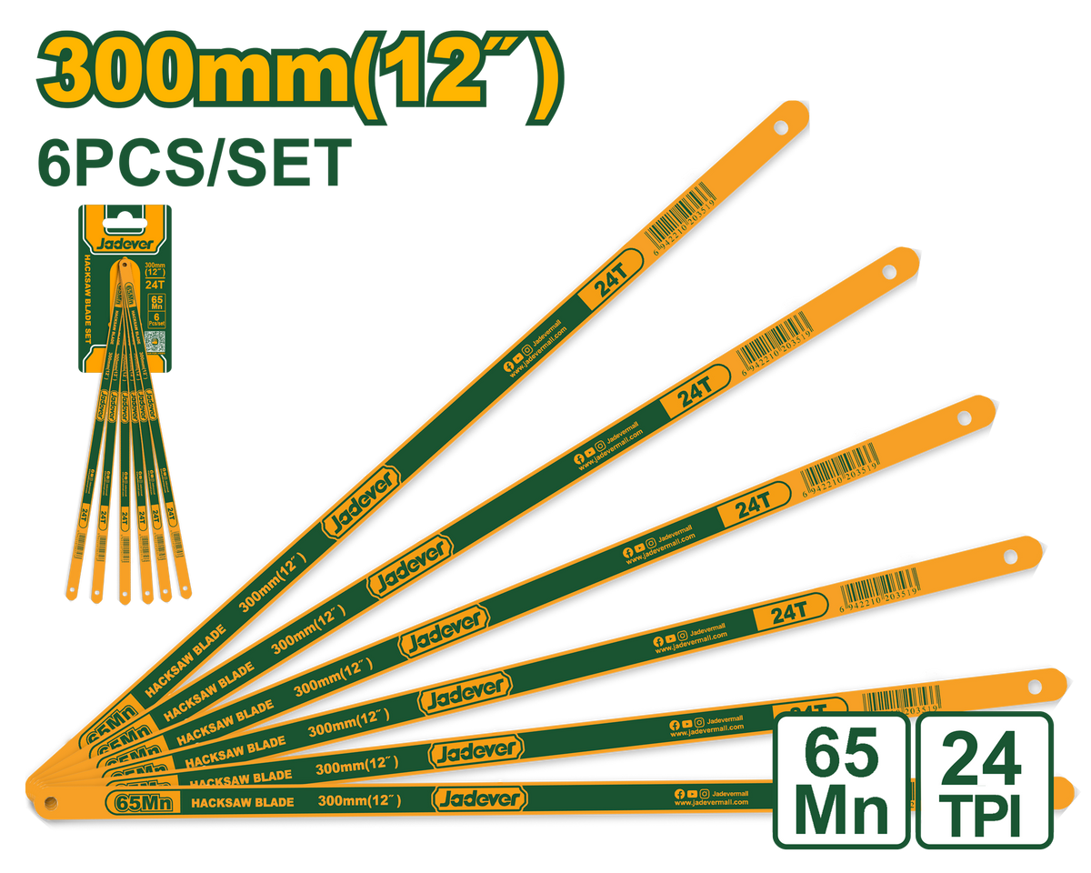 JADEVER Hacksaw Blades Set 300mm | 12" – 24T – 6 Pcs Metal Cutting Blades (JDHB2124)