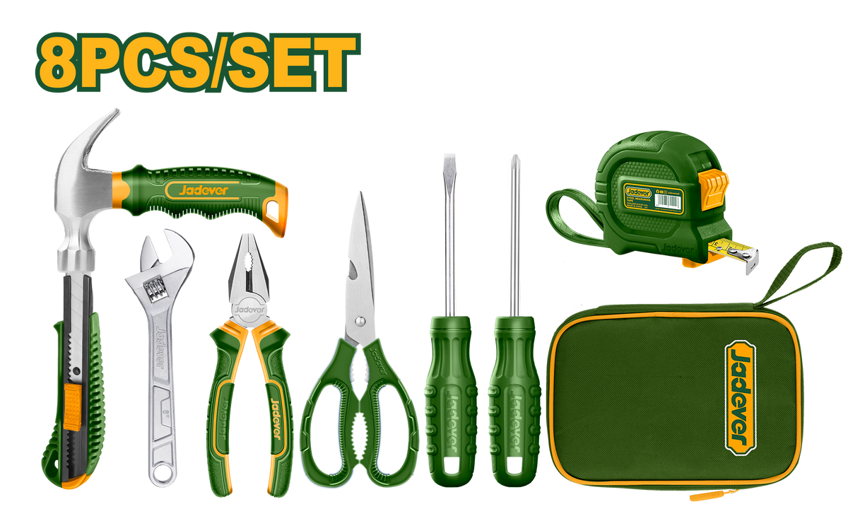 JADEVER 8 Pcs Hand Tools Set – Measuring Tape, Screwdrivers, Pliers, Scissors, Adjustable Wrench, Knife & Mini Hammer (JDHS1M08)