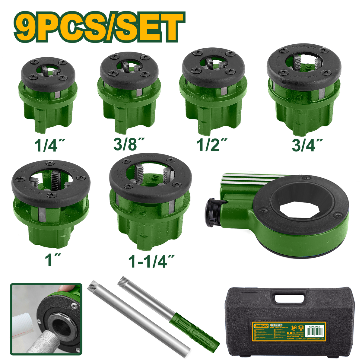 JADEVER Pipe Threading Set BSPT – 9 Pcs – 1/4" to 1-1/4" (JDJK1D61)