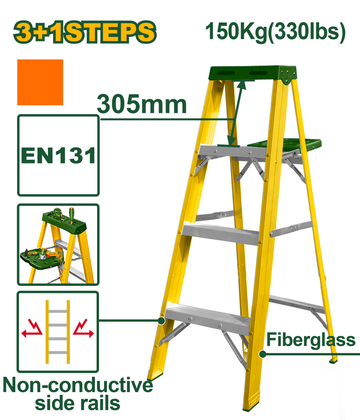 JADEVER Single-Sided Fiberglass Ladder 3+1 Steps with Tool Tray – EN131 Certified (JDLD1914)