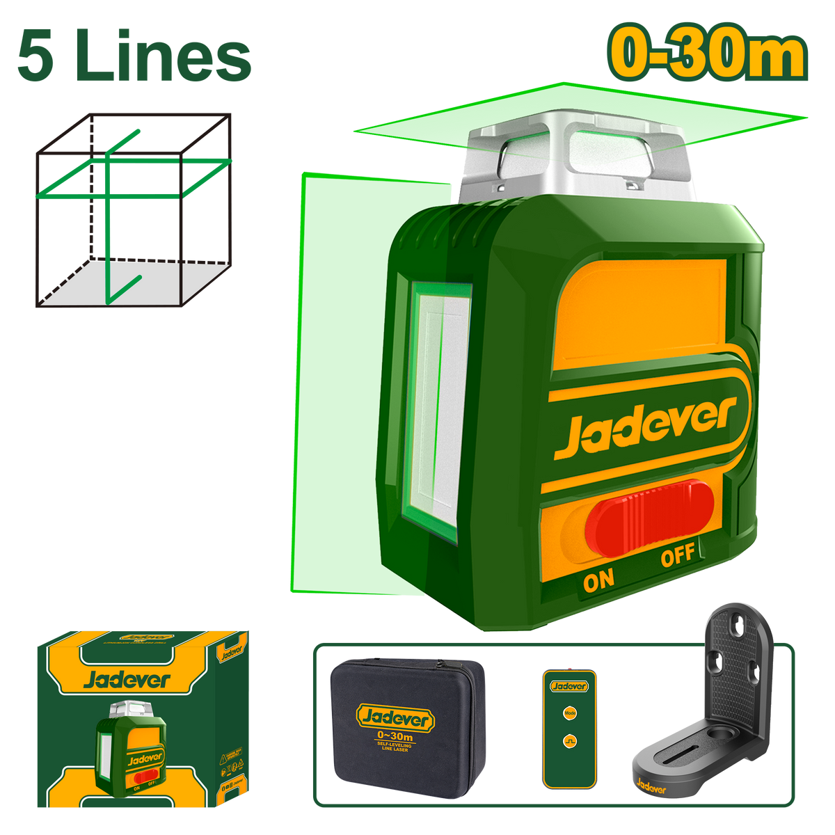 JADEVER Self-Leveling 360° Green Laser Level – Horizontal & Vertical Lines, Lithium Battery + Remote (JDLE2M05)