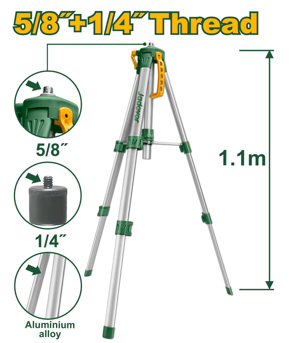 JADEVER Laser Level Tripod – Adjustable 0.45m–1.1m, Aluminum, 5/8" & 1/4" Adapter Screw (JDLE9301)