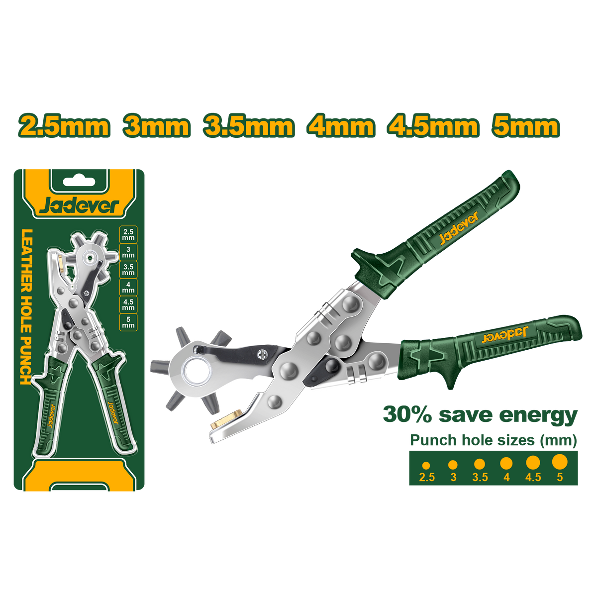 JADEVER Leather Hole Punch Tool 10" – 6 Sizes (2.5–5mm), Energy Saving, Chrome-Plated Steel (JDLH1801)