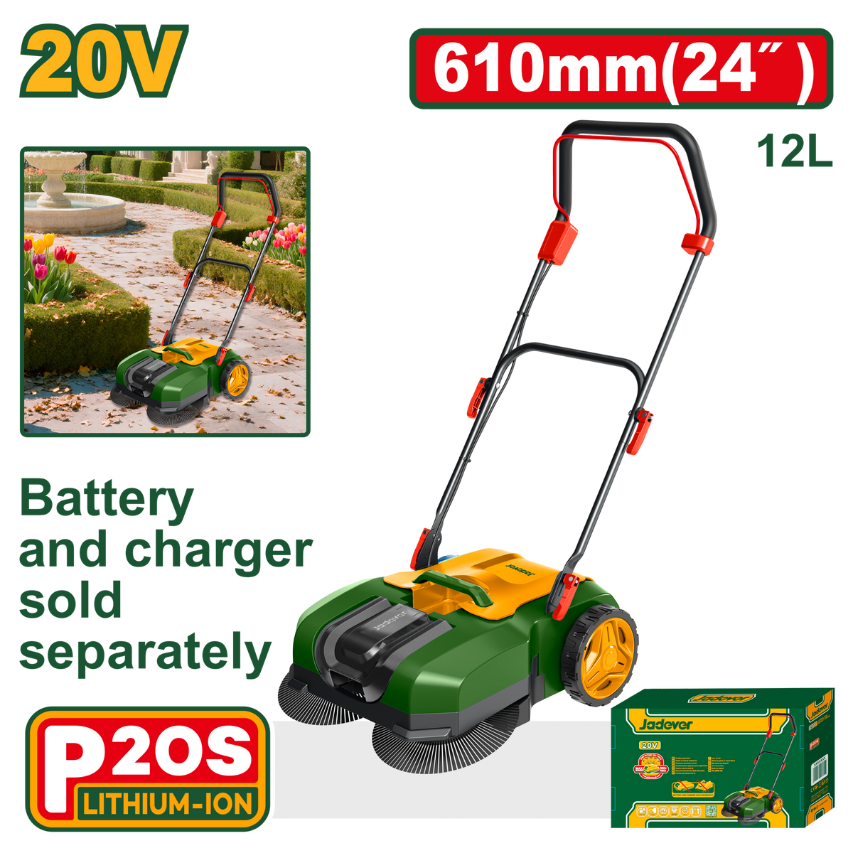 JADEVER Cordless Sweeper 20V – 610mm Sweeping Width – Hand Push (JDLSP1520)