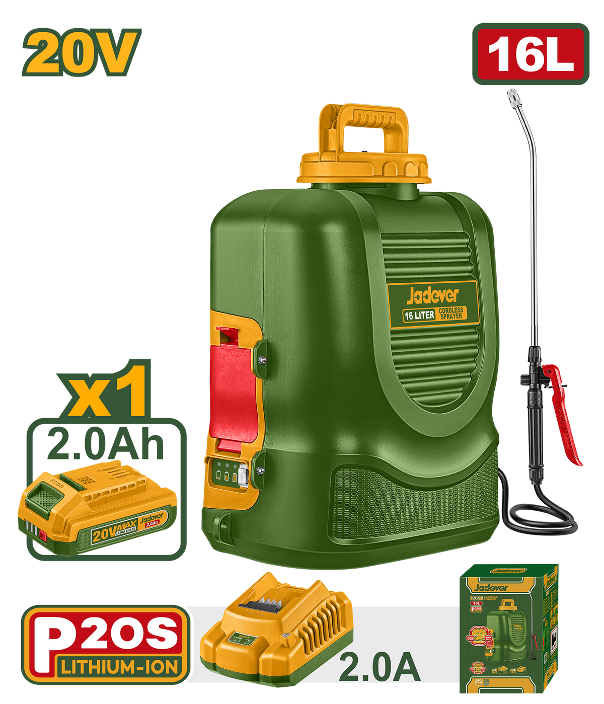 JADEVER Cordless Sprayer 20V – 16L Battery Powered Garden & Agricultural Sprayer (JDLSY20162)